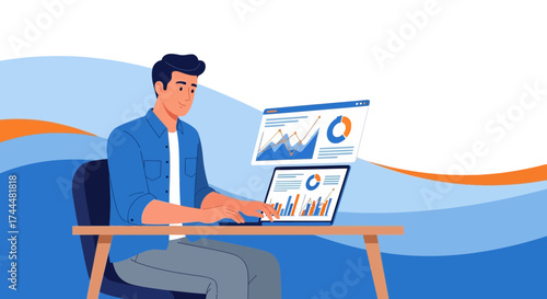 Analyzing Financial Data: A Man Works On A Computer Displaying Charts and Graphs