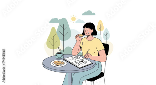 Artistic Illustration: Enjoying Treats and Sketching Outdoors in Sunny Day Illustration