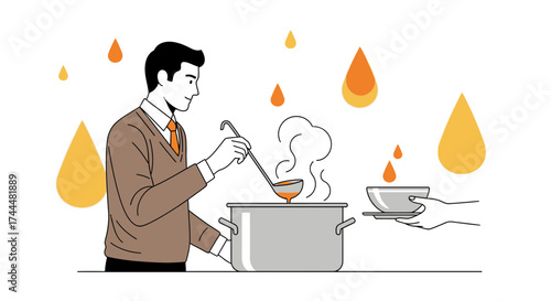 Artistic Illustration of a Person Preparing and Serving a Delicious Hot Food Meal