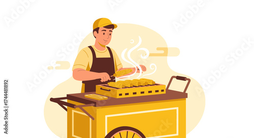 Artistic Illustration Of An Corn Merchant Selling Sweet Corn At Street Food Cart
