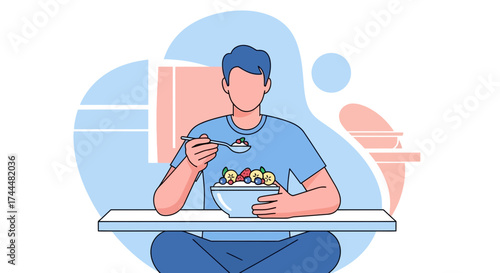 Animated Illustration Of Person Enjoying Nutrient Rich Breakfast With Vibrant Fruits