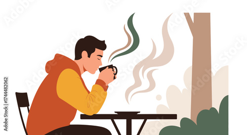 Animated Person Sipping Coffee, Enjoying Moment, Relaxing By A Garden, Illustration