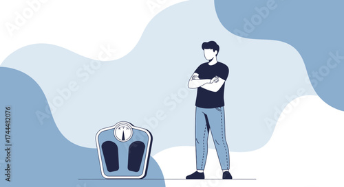Animated Person Standing With Arms Crossed Next To Bathroom Scale in Aesthetic Design
