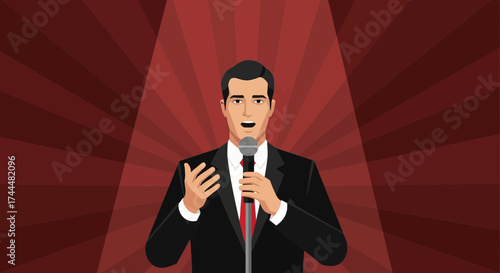 Animated Speaker with a Microphone Standing Under Spotlight Delivering Speech or Presentation