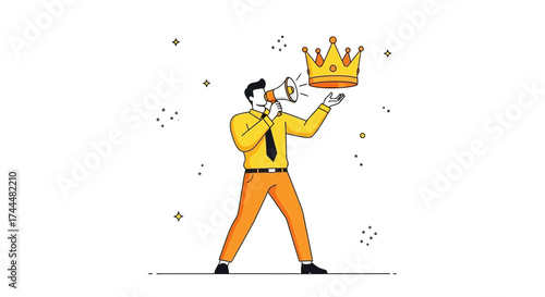 Announcing Success: A Leader Using Megaphone Promoting Royal Status in Vector Illustration