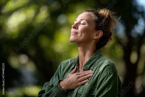 Peaceful woman with eyes closed practicing mindfulness outdoors. Relaxed adult enjoying fresh air in nature, gratitude, mental health and wellness lifestyle concept.