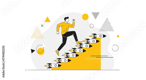 Ascending To Success: A Person Utilizing Rocket Steps To Reach His Aspirations