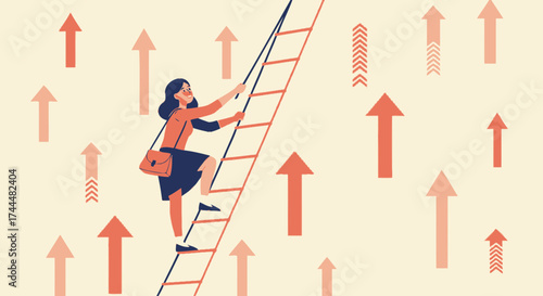 Aspiring Woman Climbing Ladder Amidst Rising Arrows Towards Success and Accomplishments