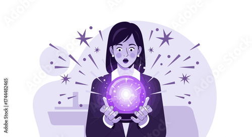 Astonished Seer Gazing at a Glowing Orb Predicting the Future with Bright Stars