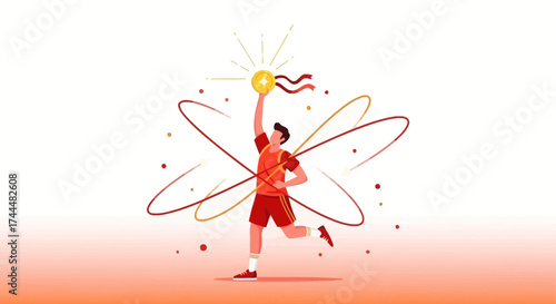 Athlete Celebrates Victory With A Gold Medal Amidst Abstract Swirling Energy Orbits