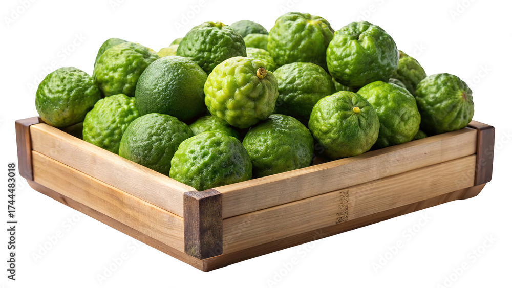 Fototapeta premium A wooden crate overflowing with fresh bumpy green kaffir lime fruits isolated on transparent background
