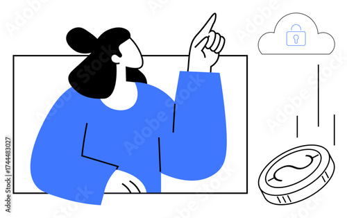 Woman gestures toward cloud storage with a lock icon as a coin flips in mid-air. Ideal for data protection, finance, technology, investments, cloud computing, digital security, financial integrity