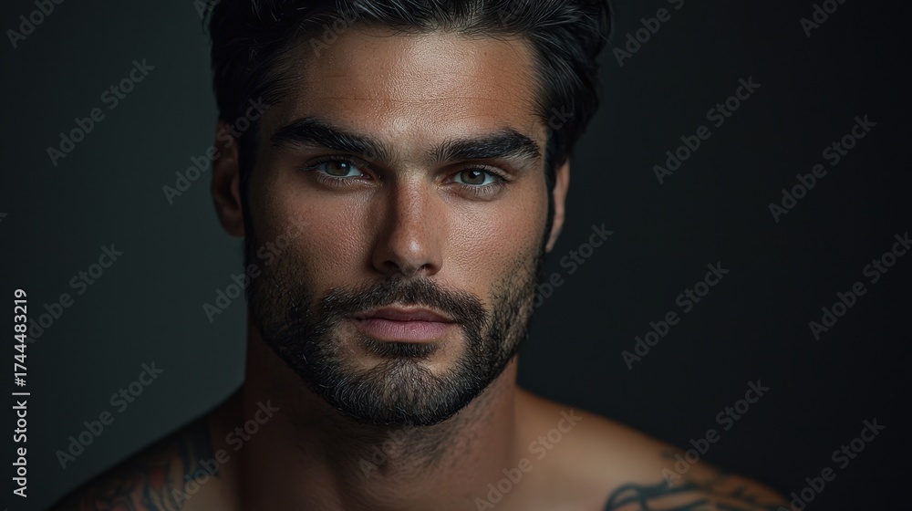 Obraz premium Handsome man with a strong jawline and captivating eyes poses against a dark background