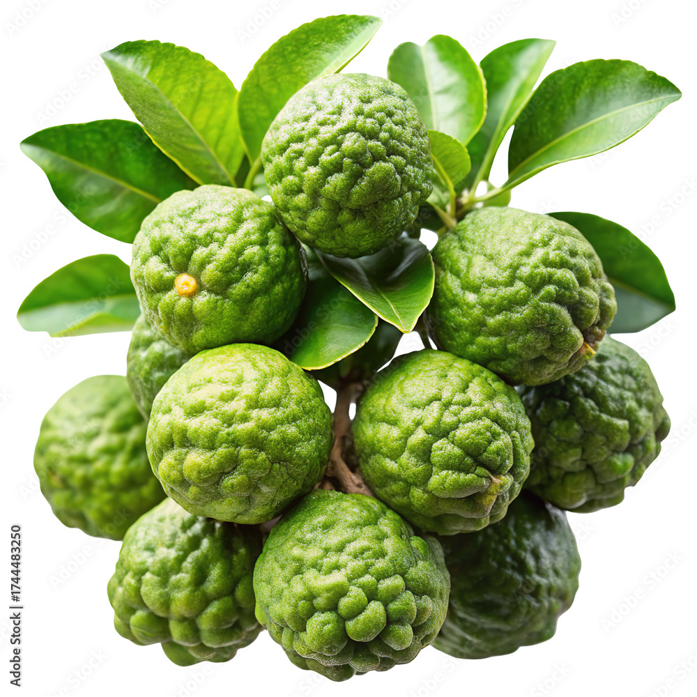 Obraz premium A vibrant cluster of fresh green kaffir lime fruits with glossy leaves isolated on transparent background