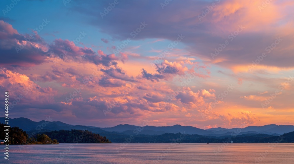 Fototapeta premium A stunning sunset casts warm colors over a calm lake surrounded by mountains. Soft clouds float in the sky as the sun descends creating a tranquil atmosphere for nature lovers.