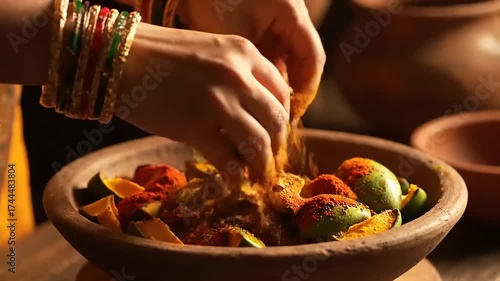 Hands Mixing Spices and Raw Mango Slices in Traditional Clay Bowl