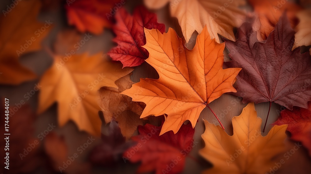 Fototapeta premium Colorful autumn leaves in vibrant shades of orange and red.