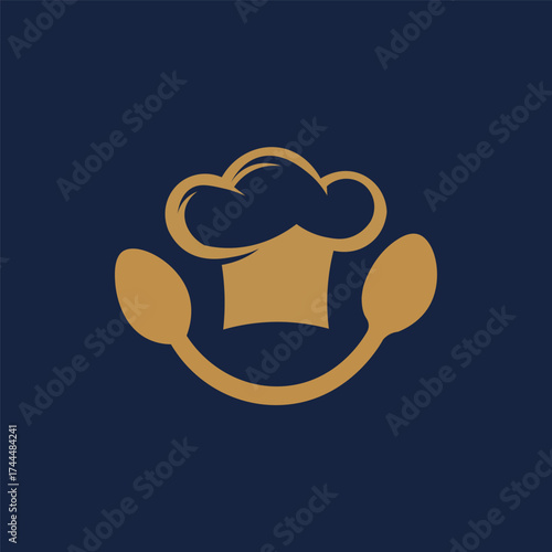 Golden chef hat with a whisk, symbolizing culinary arts, cooking, food, and gourmet cuisine, ideal for restaurants, catering, cooking schools, or food product brands.
