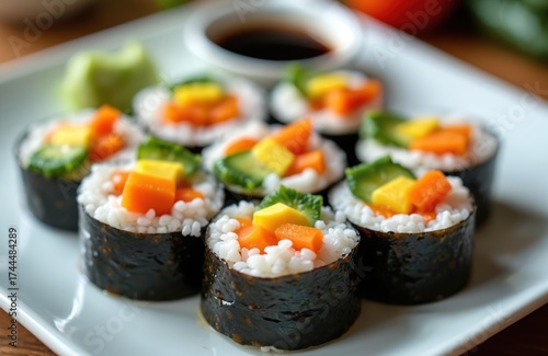 Wallpaper Mural Plate of vegetable sushi rolls with soy sauce and wasabi. Vegetarian sushi with fresh ingredients served at restaurant. Healthy japanese food composition. Gourmet cuisine on white plate. Torontodigital.ca