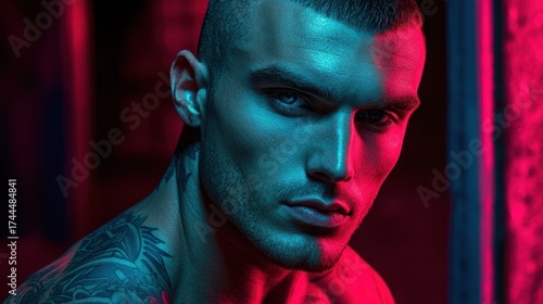 Male model poses with striking blue and pink lighting in an urban setting, showcasing his intense expression and tattoos