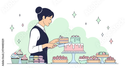 Bakery illustration of a woman slicing cake in a shop, with desserts around