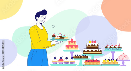 Bakery Illustration Featuring A Person Presenting Freshly Baked Pastries, Sweets, And Desserts
