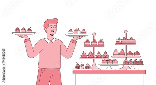Bakery owner with treats: cupcakes, cakes, cherries, and a display illustration in pink