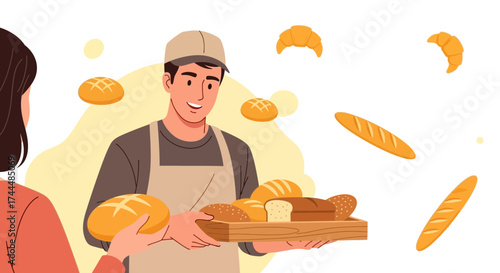 Bakery Scene: Baker presenting baked goods to a customer in a warm, inviting atmosphere