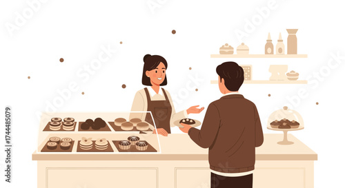 Bakery Scene: Serving Customer with Delicious Pastries and Baked Items Illustration
