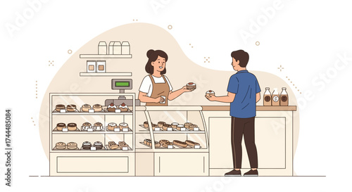 Bakery Scene Illustrates Happy Interaction Of Baker Serving Customer With Delight