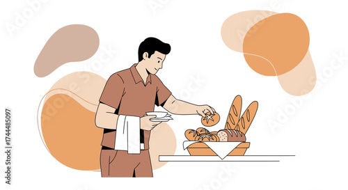 Bakery Scene: Person Selecting Freshly Baked Bread from Wooden Basket