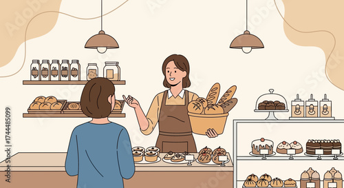 Bakery Scene: Customer Choosing Fresh Bread and Pastries Offered by Friendly Shopkeeper