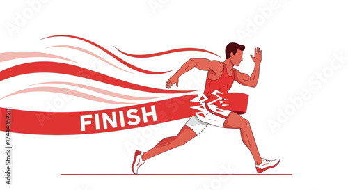 Athlete Reaches The Finish Line Celebrating A Marathon Victory With A Red Ribbon