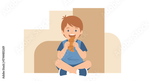 Boy Joyfully Eating A Fresh Croissant, Sitting Down And Smiling Happily For Lunch