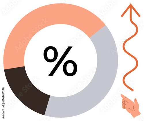 Circular diagram split into segments with a percentage sign at the center, an upward arrow, and a hand pointing upward. Ideal for growth, analysis, statistics, business, improvement, achievement