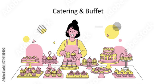 Bakery Staff Member Presenting Desserts and Cakes for Catering and Buffet Setup
