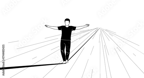 Balancing Act: A Courageous Individual Walking On A Tightrope With Focus And Determination