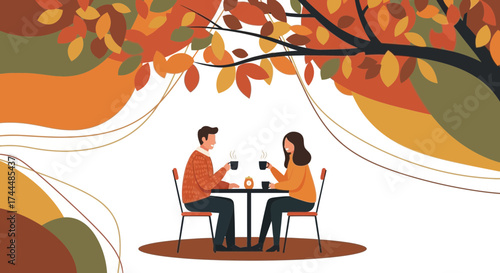 Autumn Couple Enjoying Coffee Moment Under The Vibrant Foliage Of Fall Trees