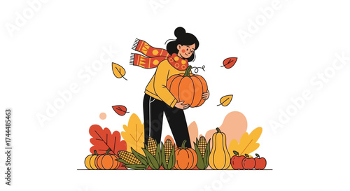 Autumn Harvest Scene Depicting A Person Holding A Large Pumpkin In A Field