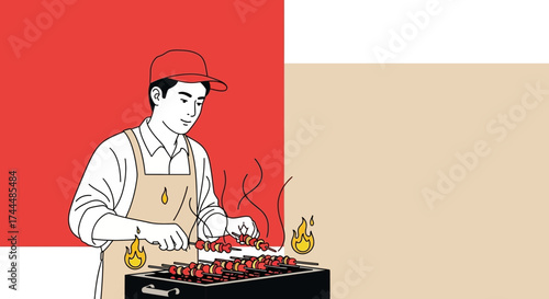 Barbecue Chef Prepares Grilled Food For Customers In Minimalist And Modern Illustration Style