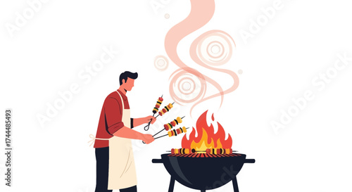 Barbecue Scene Depicts A Grill Master Skillfully Cooking Tasty Skewers Over A Fiery Grill