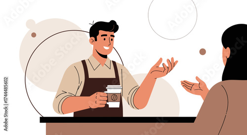 Barista Interacting With Customer, Coffee Shop Scene Describing A Relaxed Atmosphere