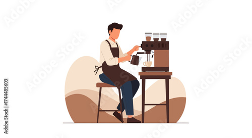 Barista making coffee with a coffee machine and sitting on a stool in flat design