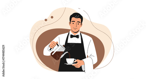 Barista Pouring Fresh Coffee into a Small Cup, Stylish Cafe Illustrated Design