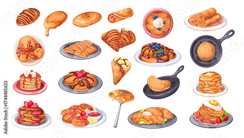 Hot cartoon breakfast pancakes set. One or stack of flapjacks on plate with honey, maple sauce or berry jam, roll and triangle with banana. Food, eating mascot, cartoon pancakes vector illustration