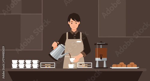 Barista pouring hot coffee into a cup at a cafe or coffee shop, vector illustration