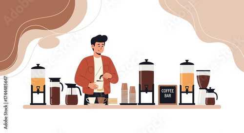 Barista Preparing Beverage at a Modern Coffee Station with Delicious Drinks and Equipment
