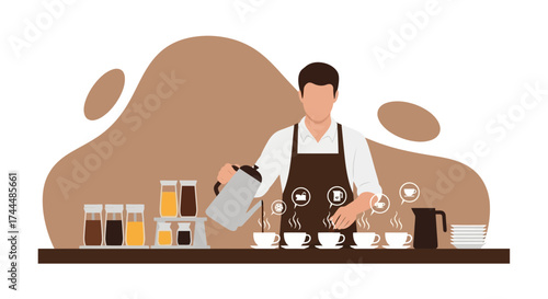 Barista Preparing Variety Of Coffee Beverages, Brewing And Serving Fresh Aroma Drinks