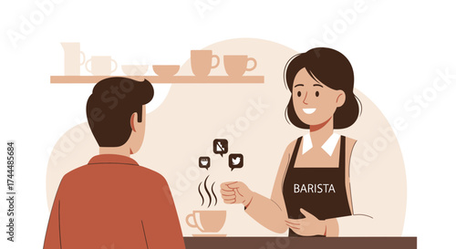 Barista serving coffee to a customer, with social media icons above cup, vector illustration