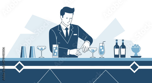 Bartender preparing cocktails behind the bar in a minimalist, vector graphic style